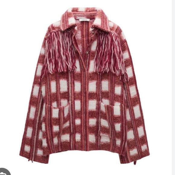 Dorothee Schumacher Dizzy Check Cardigan Red White Sz 0 NWT NEW Fringe Sweater